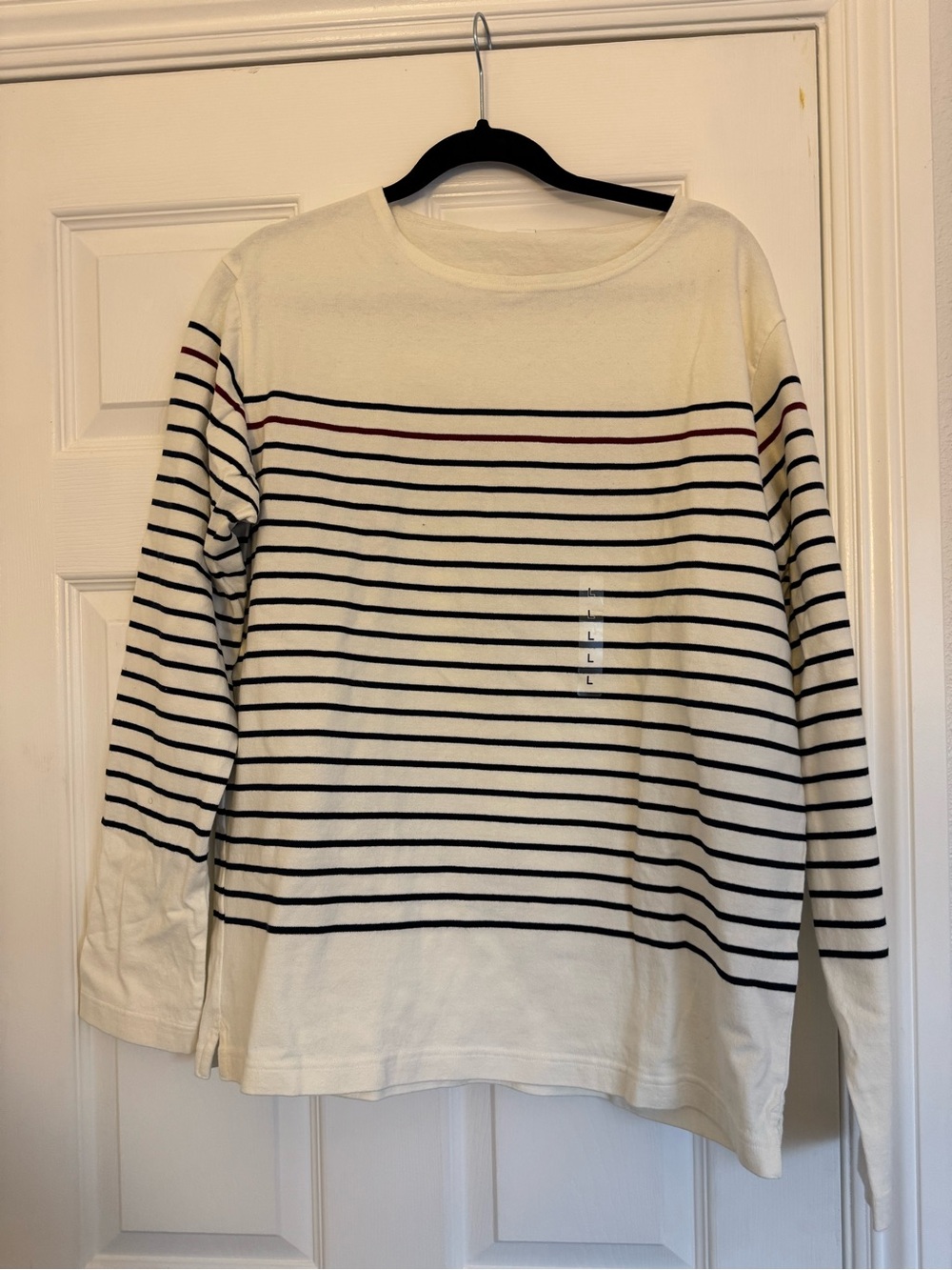 Uniqlo Cream Long-Sleeve Tee with Black & Burgundy Stripes